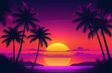 Tropical background with sunset or sunrise in retro style neon light. Palm trees and sun