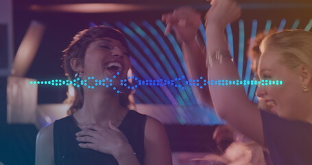 Image of spots moving over smiling caucasian group of friends dancing at party