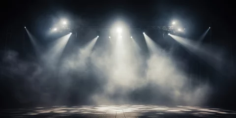 Fototapeten Silver stage background, silver spotlight light effects, dark atmosphere, smoke and mist, simple stage background, stage lighting, spotlights © GalleryGlider