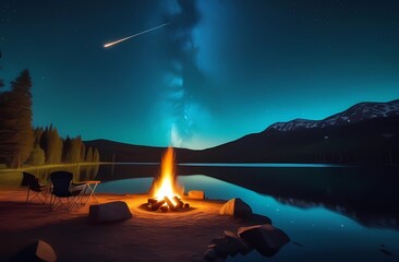A flickering campfire against the backdrop of nature and bright stars. Ideal place for camping and tourism
