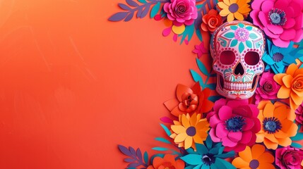 Dia de los Muertos Inspired Frame with Colorful Skulls and Flowers - obrazy, fototapety, plakaty