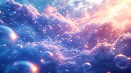 Surreal Underwater Scene with Floating Bubbles and Ethereal Sea Creatures, Emanating a Tranquil Mood in Soft Blue Lighting. - obrazy, fototapety, plakaty