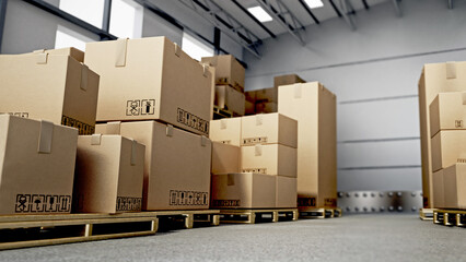 Stack of cardboard boxes inside the warehouse. 3D illustration