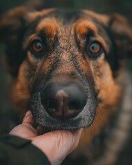 Close up of person holding hand of german shepherd dog in a heartwarming moment