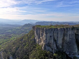 Aerial view of Bismantova Rock at sunset, Pietra di Bismantova, located near to Castelnovo Monti, Reggio Emilia, Italy