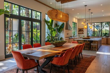 Dining room with wooden table and red chairs.