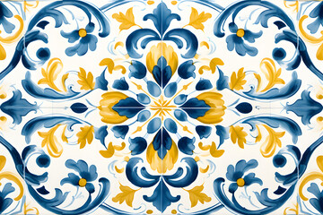 Pattern of azulejos tiles. Rustic blue and yellow tile watercolor seamless pattern.

