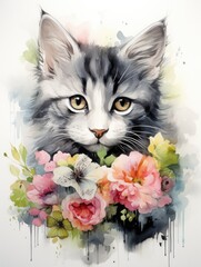 Illustration of a cat with a captivating look, decorated with a colorful crown of flowers