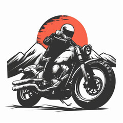 Stylized graphic of a motorcyclist riding against a sunset, evoking a sense of adventure and the biker lifestyle