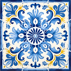 Pattern of azulejos tiles. Rustic blue and yellow tile watercolor seamless pattern.
