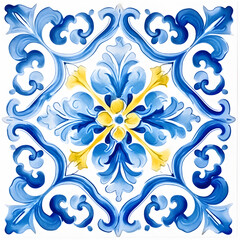 Pattern of azulejos tiles. Rustic blue and yellow tile watercolor seamless pattern.

