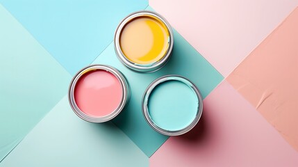open cans of paint in pastel colors on a color block background, flat lay