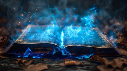 Enchanted Tome Emitting Arcane Flames. Concept Fantasy Photography, Magical Art, Enchanting Book, Mystical Flames, Arcane Atmosphere - obrazy, fototapety, plakaty