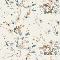 Elegant Cream Floral Pattern Wallpaper in Beige, Blue, and Brown Colors for Seamless Interior Design Concept