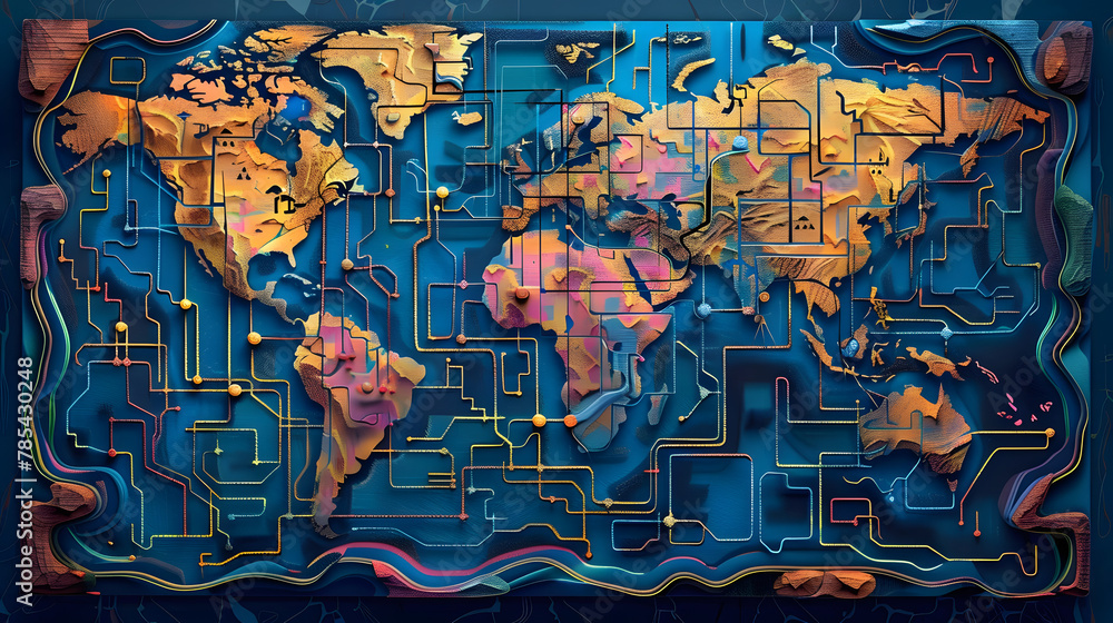 Poster an illustration of the world map combined with the maze pattern, showing the technology of global ne