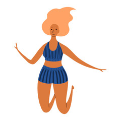 Young woman in swimsuit jumping cute cartoon character illustration. Hand drawn flat style design, isolated vector. Summer holidays, vacations, outdoors, beach activity, pool party, seasonal element - 785430264
