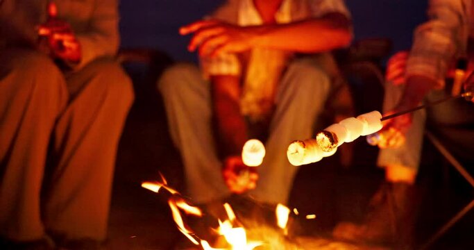 Friends, camping and smores on roast by campfire with flames, travel adventure and holiday at night. Group, marshmallow and snack with bonding, chairs and relax outdoor in nature for vacation or trip