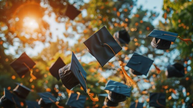 Graduation caps flying in the air during a sunny celebration in a natural setting.