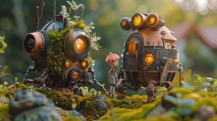 Two robots in a forest admiring the natural landscape