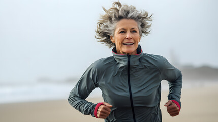 Cheerful mature woman running on the beach on a sunny day. Beautiful middle aged woman laughing, being active and having fun during summer vacation. - Powered by Adobe