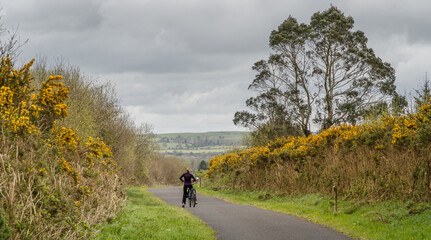 Cyclist woman exploring nature on rural road