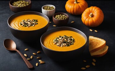 A bowl of creamy pumpkin soup with toasted pumpkin seeds.