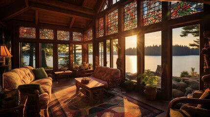 A vibrant sunrise over a serene lake, casting colorful reflections on the water, with a cozy wood cabin nestled among the trees on the shore.