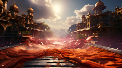 Fantasy landscape with red cloth and temple. 3d illustration.