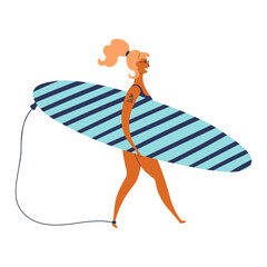 Young woman in swimsuit, with surfboard cute cartoon character illustration. Hand drawn flat style design, isolated vector. Summer holidays, vacations, outdoors, beach activity, seasonal element - 785431060