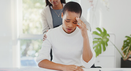 Empathy, anxiety and friends with black woman in office for stress, pain and support. Burnout,...