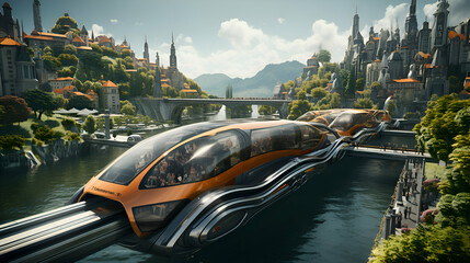 Fototapeta premium Futuristic city with high speed train. 3D rendering.