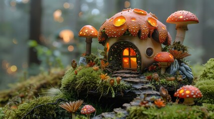 Mushroom fairy house in forest, blending with natural landscape - obrazy, fototapety, plakaty