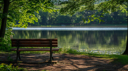 Fototapeta na wymiar Park bench by a lake