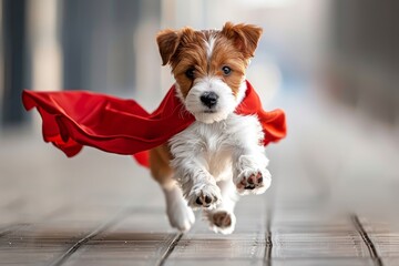 Cute puppy in superhero outfit flying, gazing on pastel background with copy space