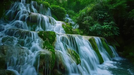 Serene Cascading Waterfall in Lush Green Forest