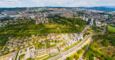 Lausanne, Switzerland. Cemetery of Bois de Vaux. Panorama of the city in summer. Aerial view