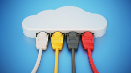 Colorful network cables connected to the cloud shape. 3D illustration - obrazy, fototapety, plakaty
