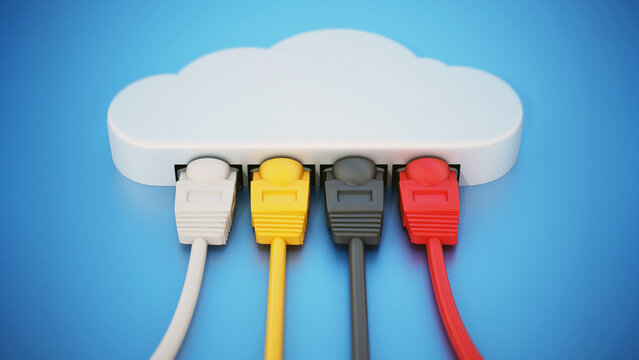 Colorful network cables connected to the cloud shape. 3D illustration