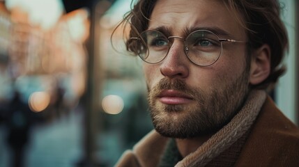 Thoughtful Young Man with Glasses on Urban Backdrop