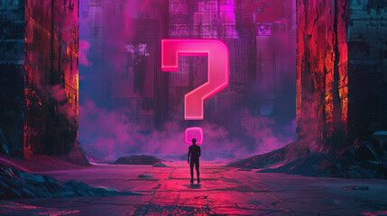 Mysterious figure pondering a giant neon question mark in a futuristic cityscape