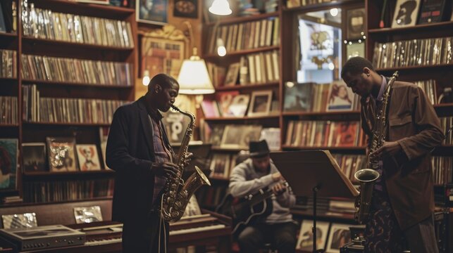 Jazz Musicians Playing in a Cozy Record Store Environment