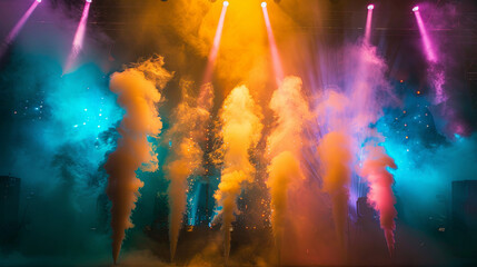 Colorful stage smoke at a vibrant concert event