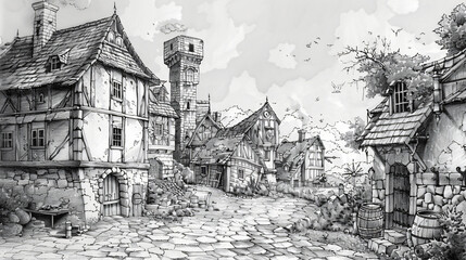 Pencil and ink illustration of a medieval fantasy vill