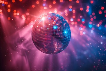 A sparkling disco ball reflects colorful lights on a shiny surface, creating a vibrant and festive atmosphere.