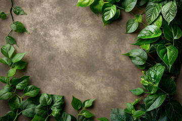 Nature's Frame: Green Leaves on Textured Earth Background
