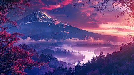 Majestic mountain sunrise with pink blossoms and misty landscape - Powered by Adobe