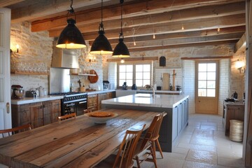 Interior Design Lighting. Modern Farmhouse Kitchen with Spacious Indoor Area - obrazy, fototapety, plakaty