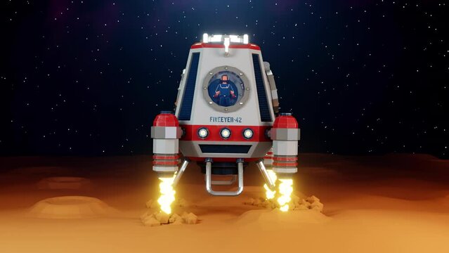 Lander launches from the surface of an alien planet. A spaceship with jet engines takes off into space. 3D cartoon animation.