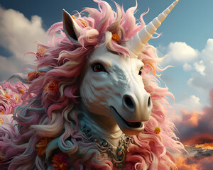 Unicorn with pink mane and horn. 3d rendering