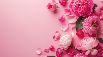 Background Layout. Romantic Floral Frame with Pink Roses and Peonies for Valentine's Day